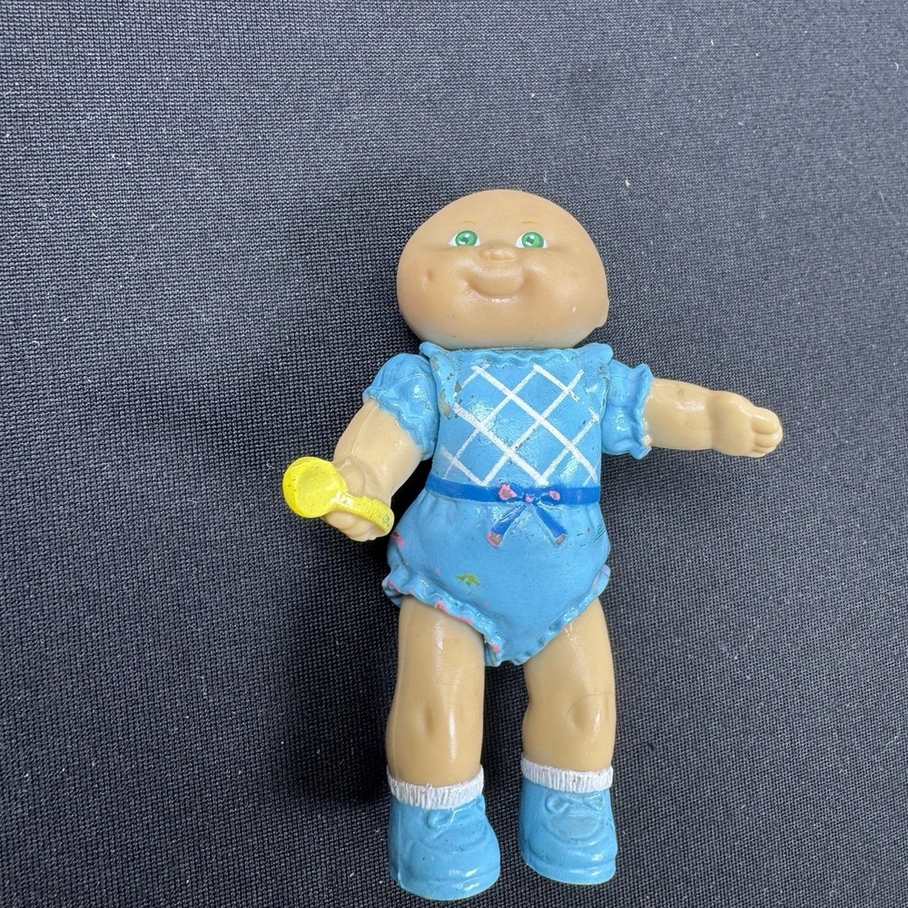Cabbage Patch Kids Figure 1980's Baby Bald Yellow Spoon Blue Outfit 3.5" VTG